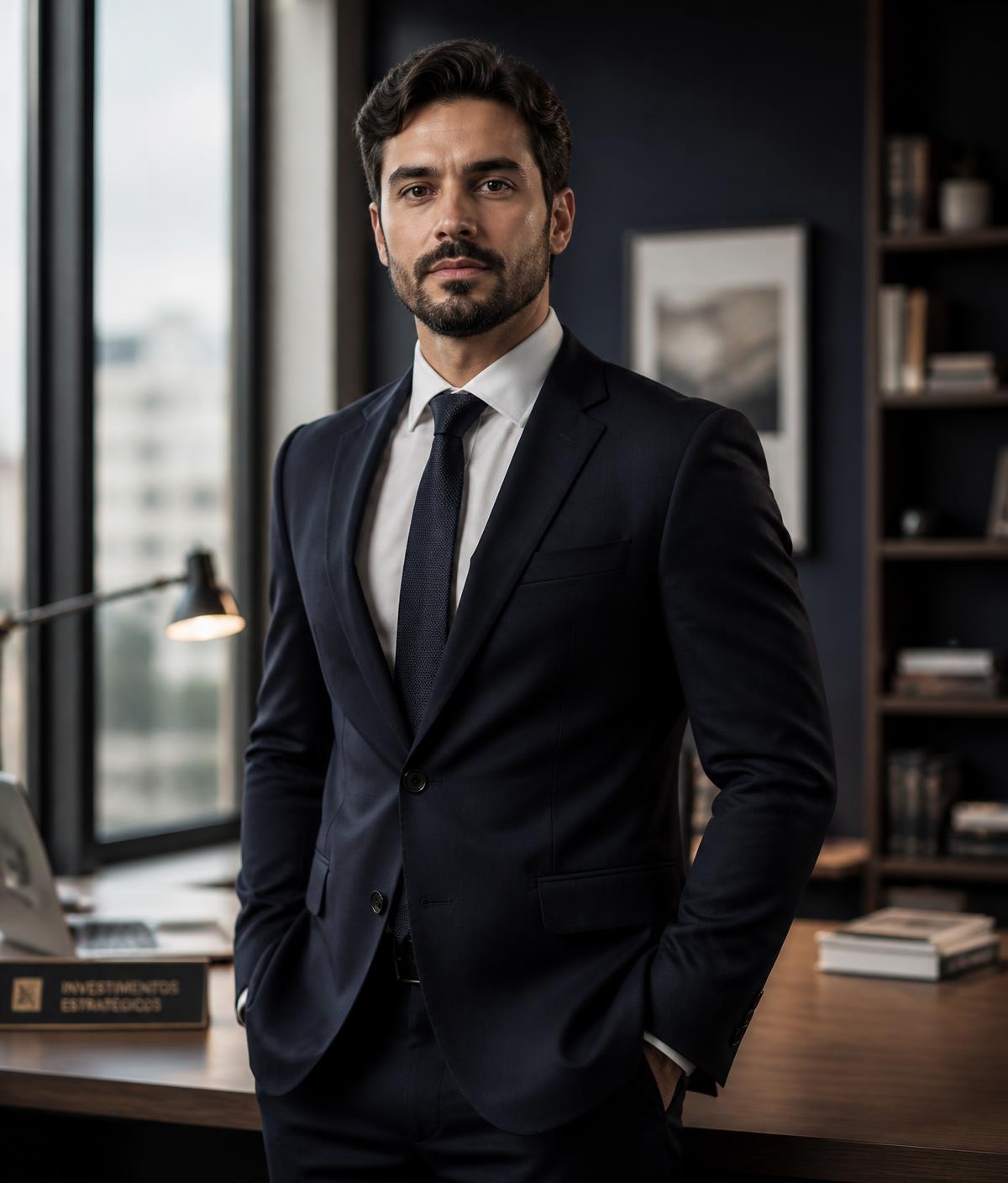 Profissional do mercado de investimentos em escritório moderno